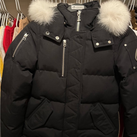 Moose Knuckles Black Puffer Jacket with White Fur Hood